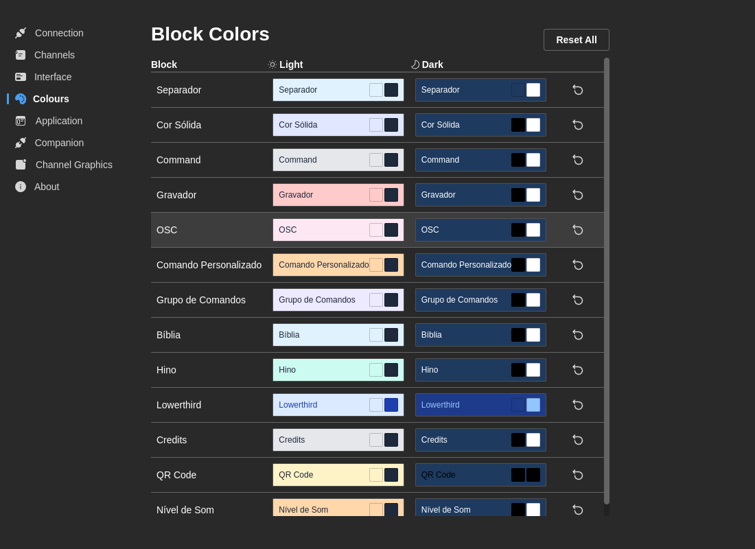 Block Colors preferences tab with one row per block type and side-by-side Light and Dark swatches