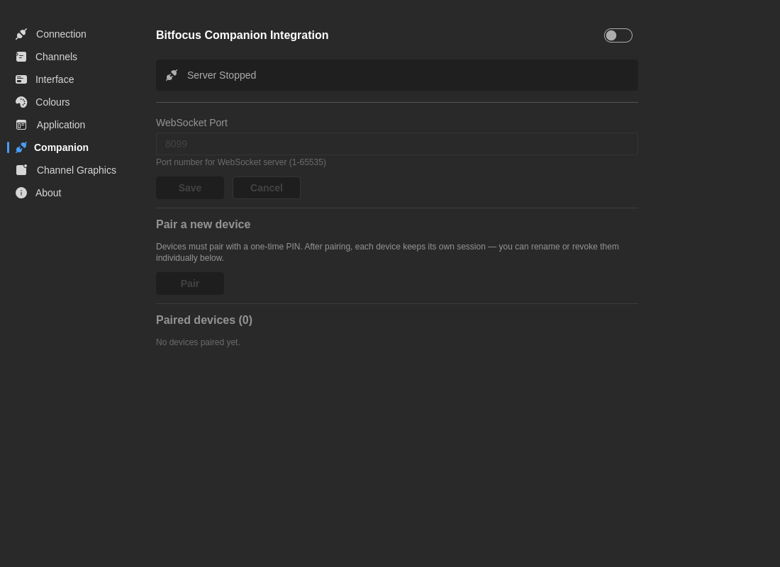 Companion preferences tab with WebSocket port, Pair button, and paired-devices list