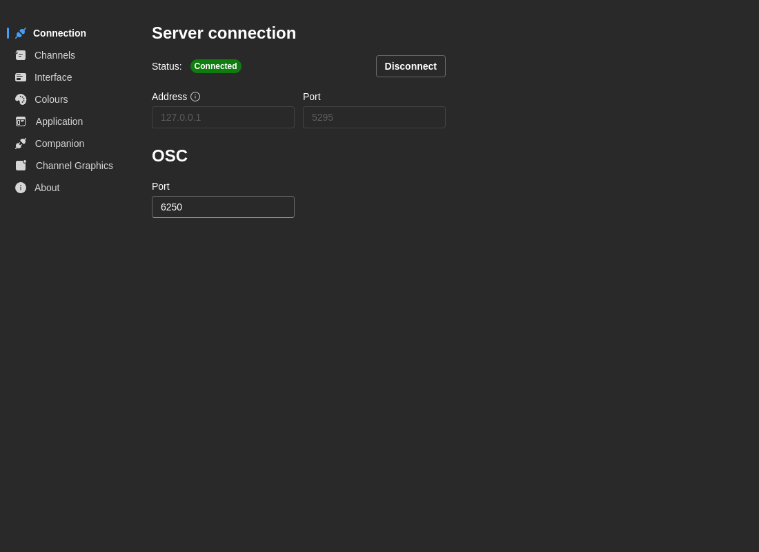 Connection preferences with Server connection and OSC sections