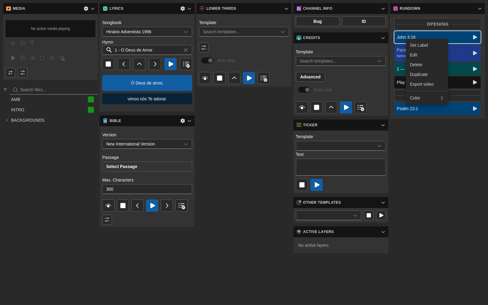 Rundown context menu with Set Label, Edit, Delete, Duplicate, Export video, and Color options