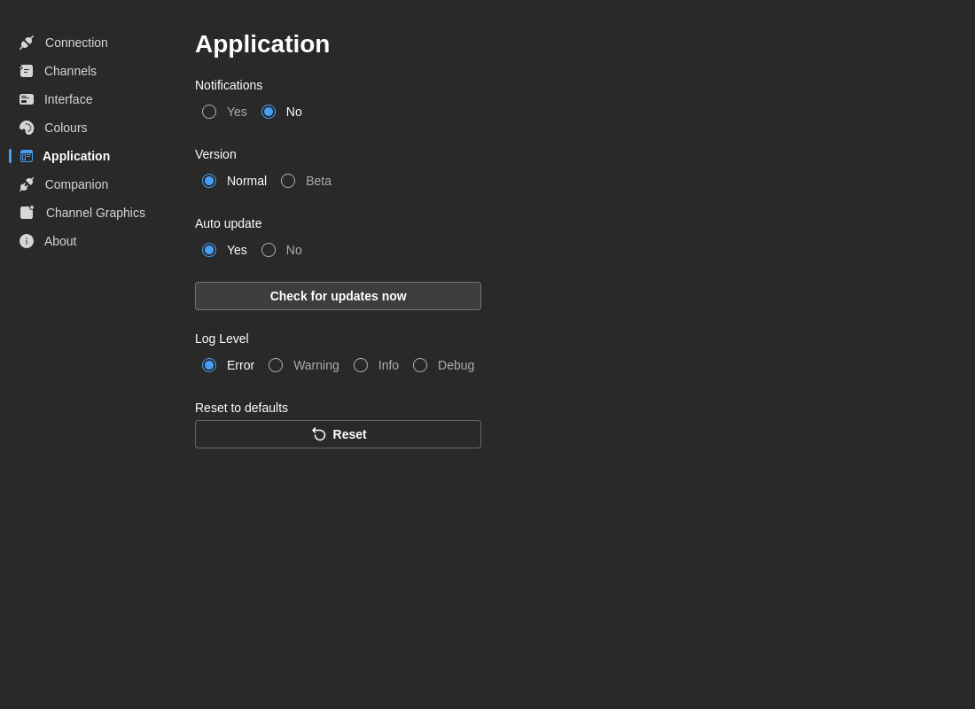 Pestaña Aplicación con notificaciones, canal de versión, autoactualización y nivel de registro