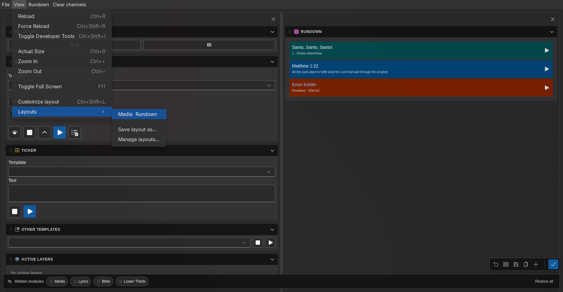 Menu Vista → Layouts com as predefinições guardadas