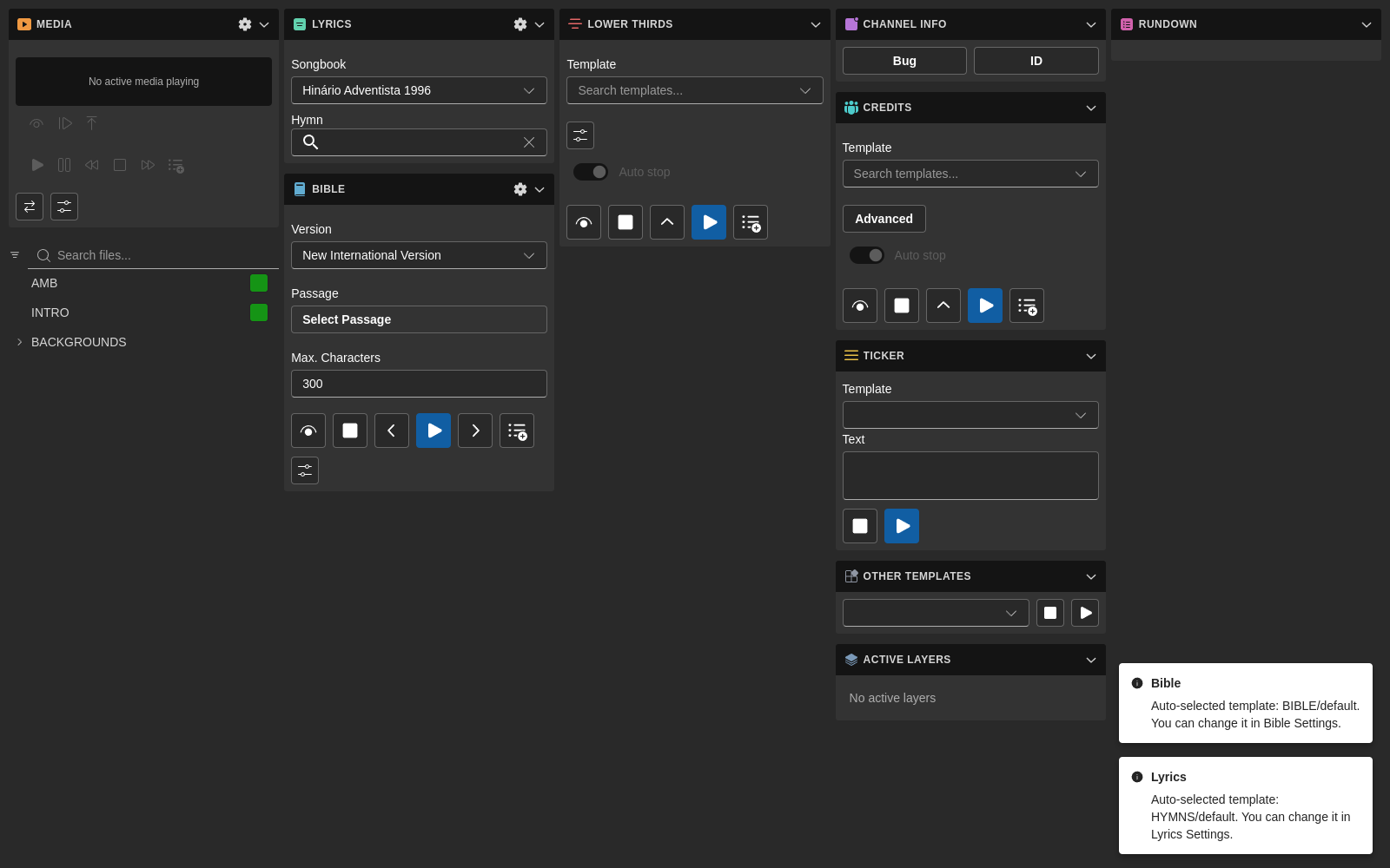 Espaço de trabalho modular com módulos rundown, louvor, bíblia e info canal organizados em colunas